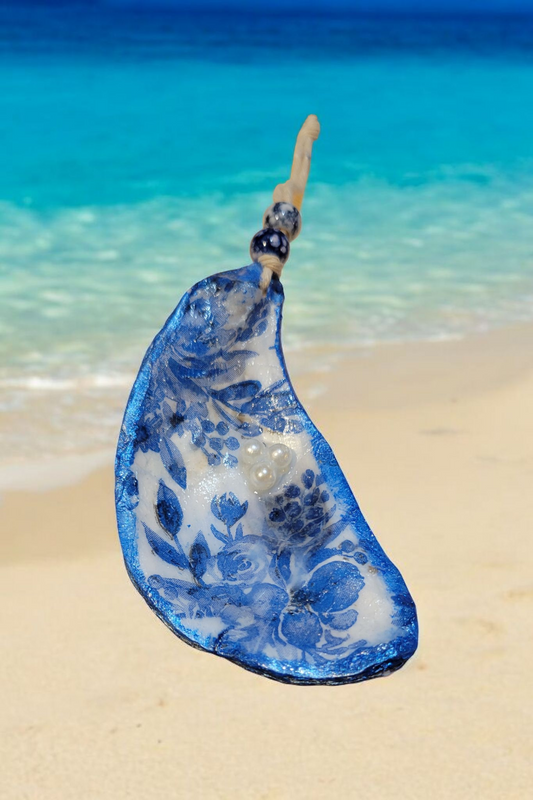 Blue Floral oyster shell ornament